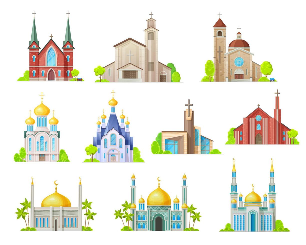 kerk, moskee en tempel. religie gebouwen vector