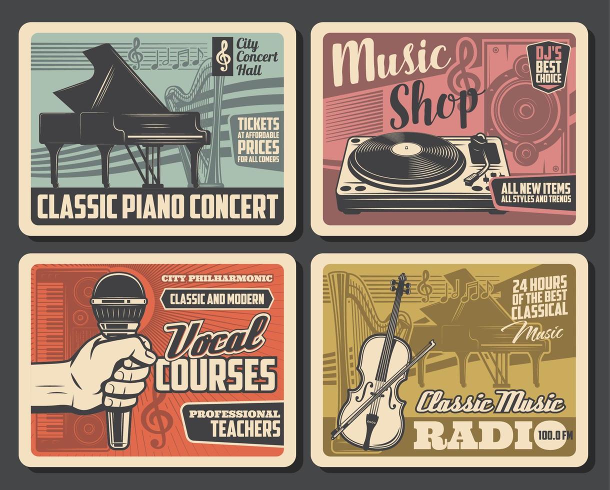 muziek- winkel, vocale cursussen, concert retro posters vector