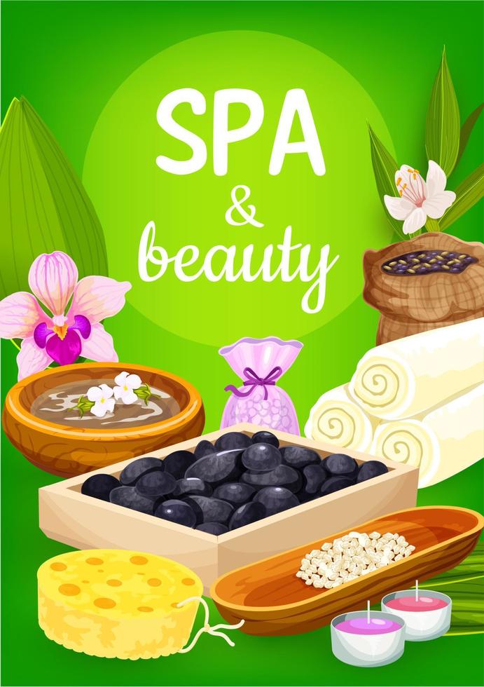 spa massage stenen, handdoeken, kaarsen en bloemen vector