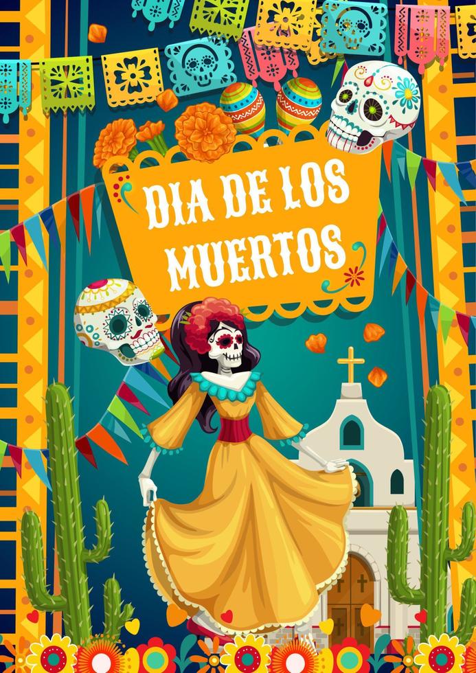 dag van dood Catrina calavera vrouw en papier vlaggen vector