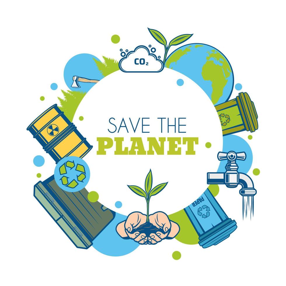 aarde planeet, groen boom en recycle bakken icoon vector