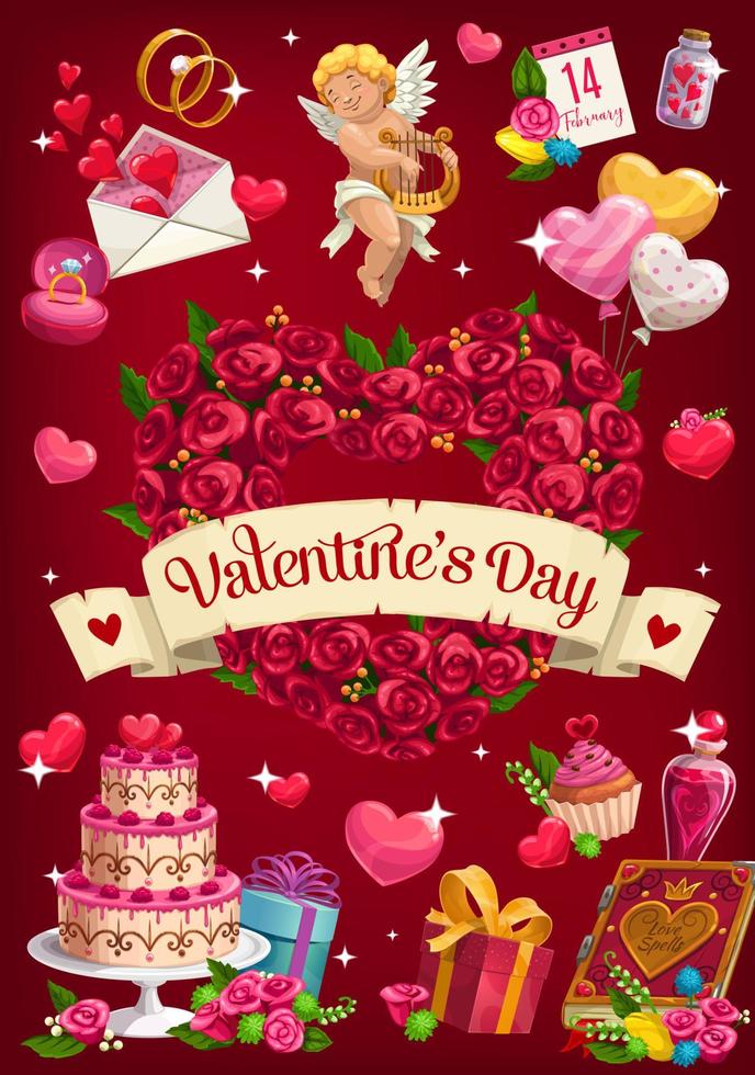 valentijnsdag dag geschenken, Cupido, bloemen en ballon vector