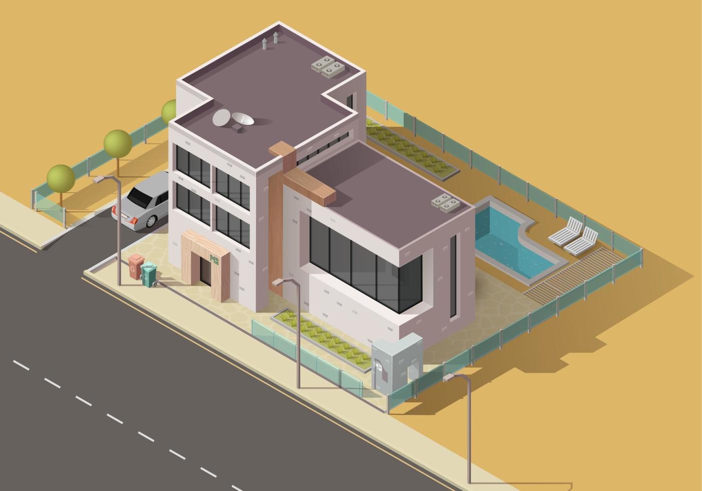 huis gebouw icoon van huis met tuin, auto, zwembad vector
