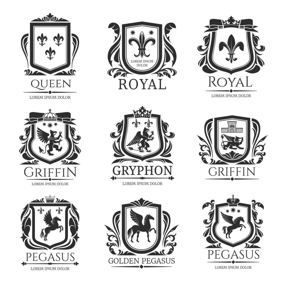 Koninklijk heraldiek emblemen, heraldisch dieren pictogrammen vector