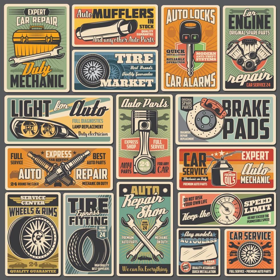 auto's reparatie onderhoud, monteur garage retro posters vector