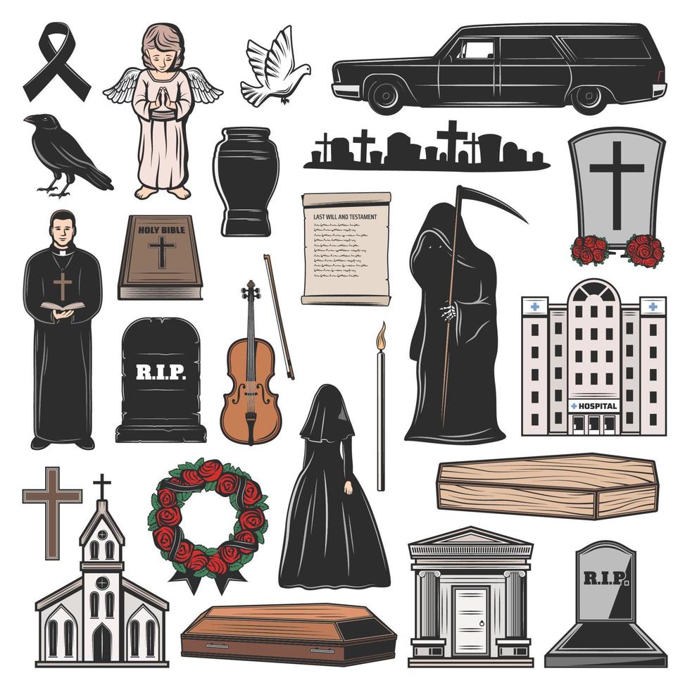begrafenis kist, graf, kaars en grafsteen kruis vector