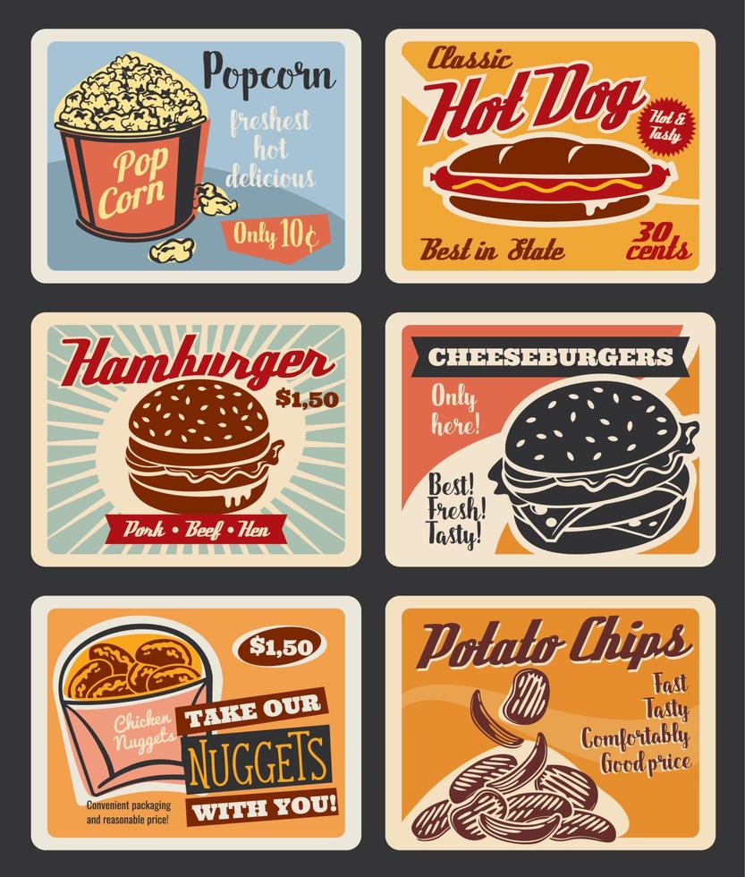 vector retro snel voedsel hamburgers en snacks posters