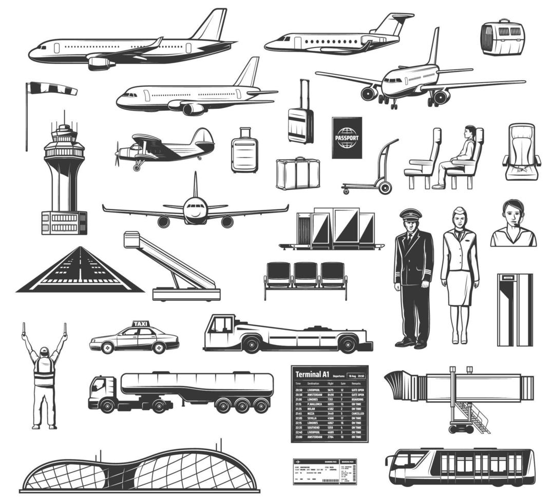 luchthaven apparatuur, luchtvaartmaatschappijen en luchtvaart pictogrammen vector