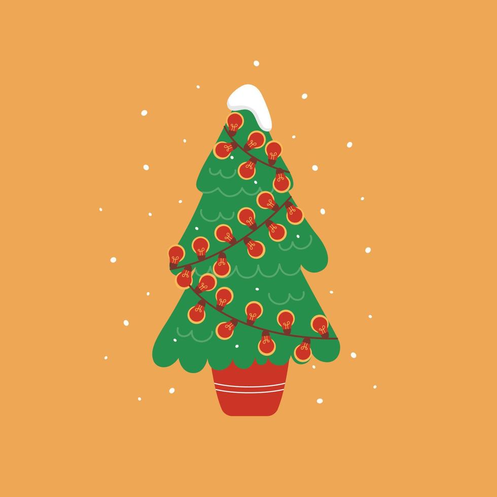 Kerstmis boom met gloeiend rood slinger onder sneeuwval geïsoleerd Aan oranje achtergrond. boom in een pot. vector vlak illustratie in een gemakkelijk stijl