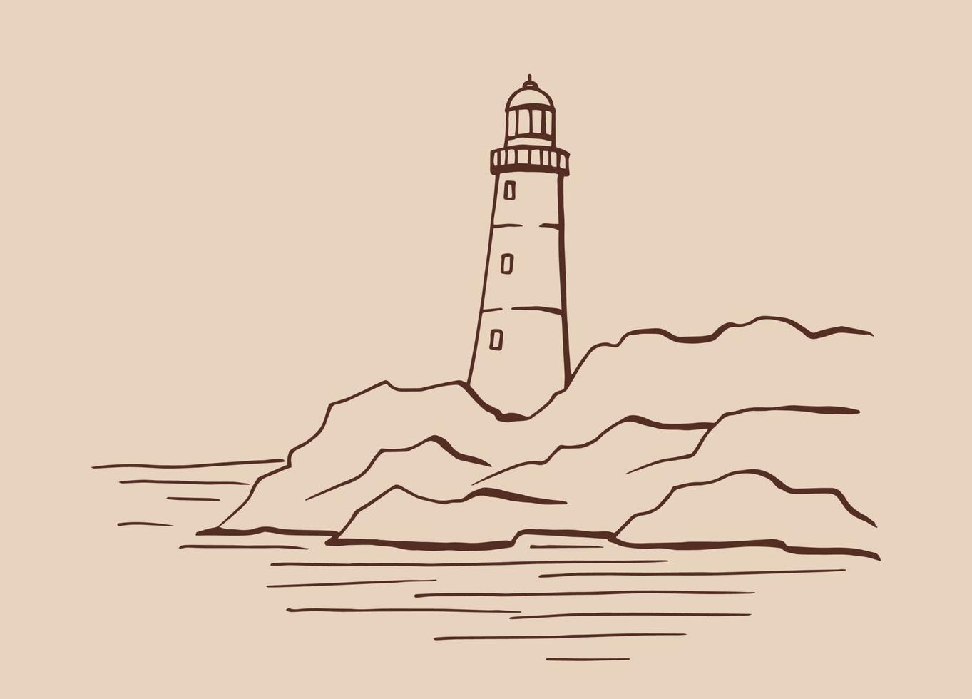 vuurtoren. handgetekende illustratie geconverteerd naar vector. zee kust grafische landschap schets illustratie vector. vector