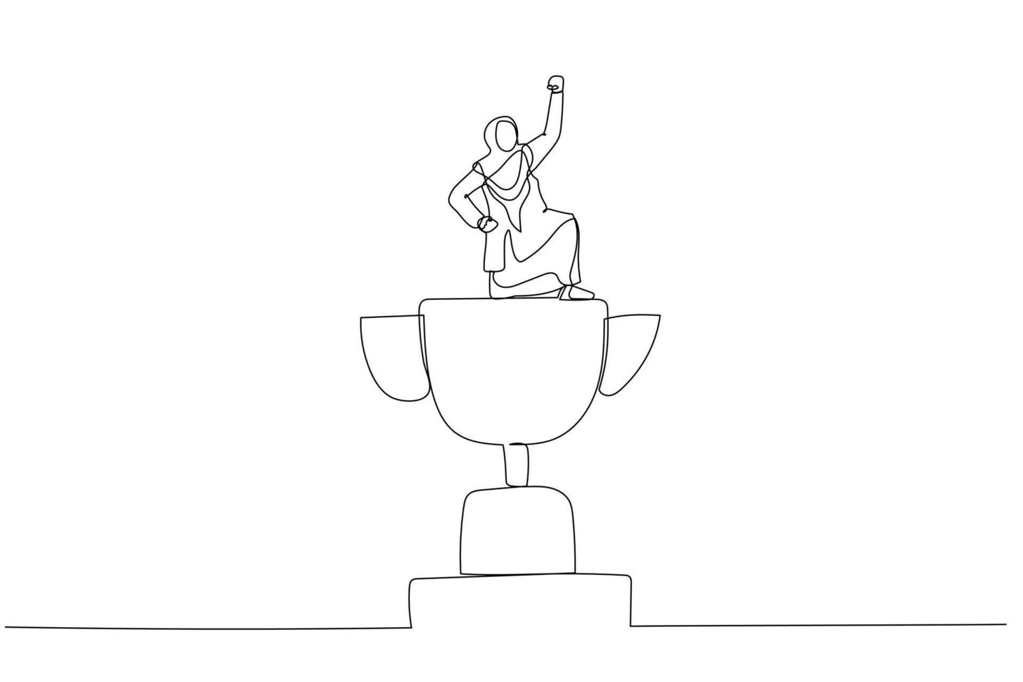 tekening van moslim zakenvrouw winnaar verhogen vlag Aan winnend trofee krijgen zege. single lijn kunst stijl vector