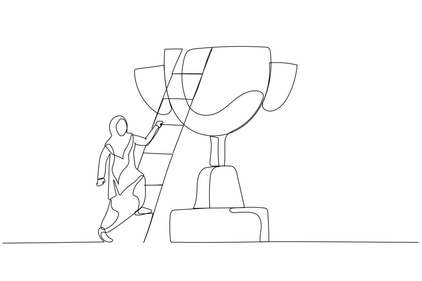 tekening van moslim zakenvrouw gebouw ladder van succes beklimming naar top van kampioen trofee beker. single lijn kunst stijl vector