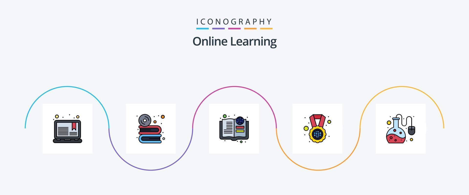 online aan het leren lijn gevulde vlak 5 icoon pak inclusief medaille. studie Buitenland. onderwijs. wereldbol. kennis vector