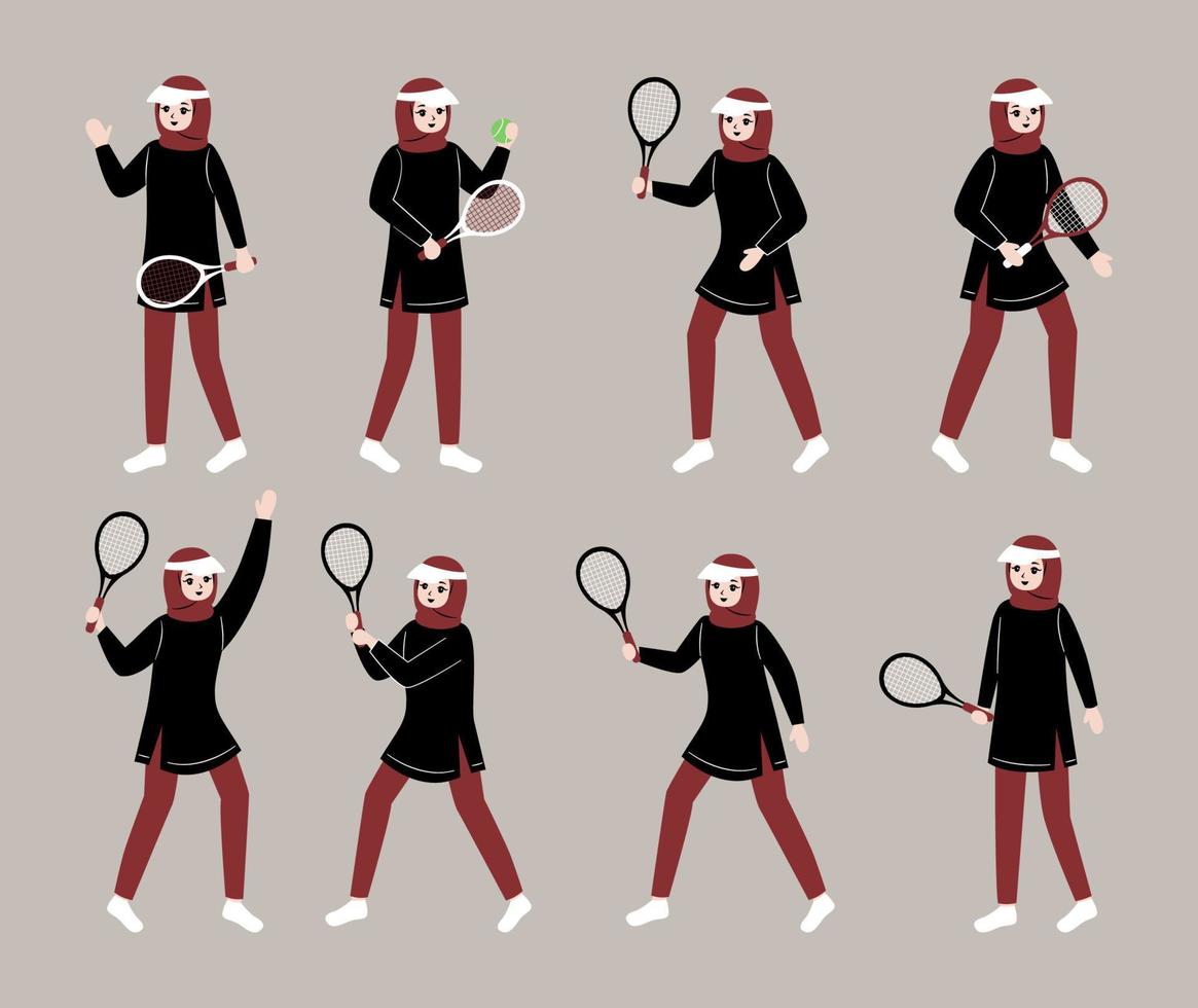 moslim vrouw spelen tennis tekenfilm karakter verzameling vector