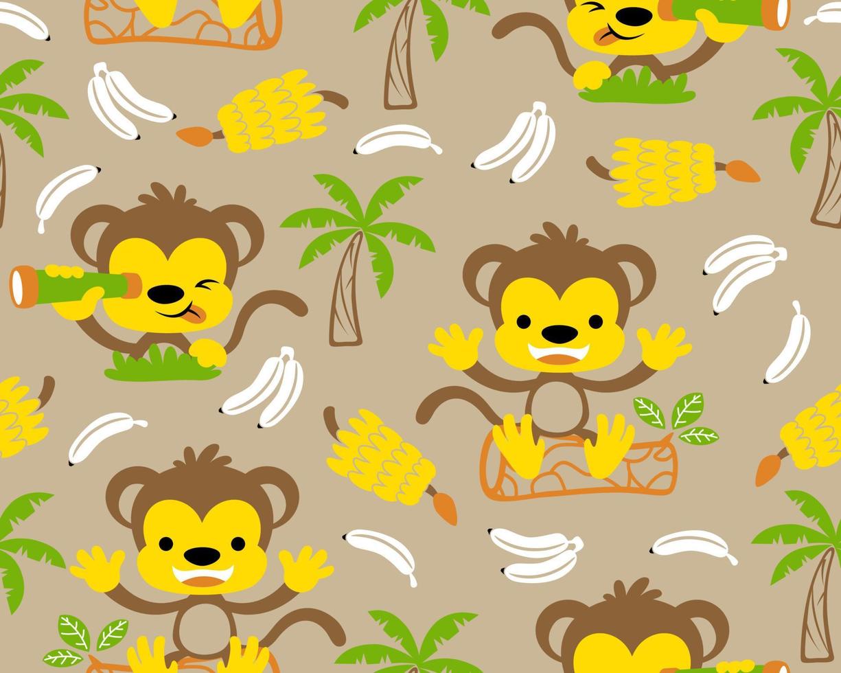 vector van naadloos patroon met apen tekenfilm en banaan boom en banaan fruit