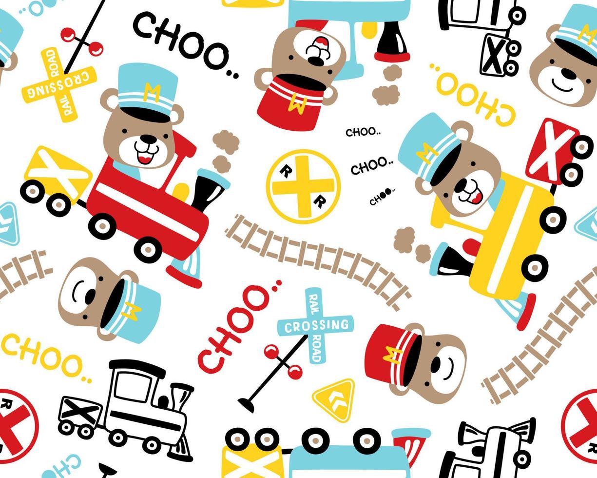 naadloos patroon vector van stoom- trein elementen tekenfilm met grappig beer de machinist