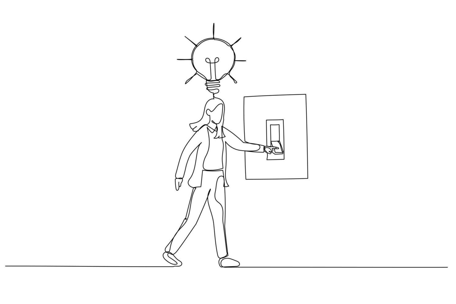 tekenfilm van zakenvrouw schakelen Aan de schakelaar naar beurt Aan gloeilamp lamp over- zijn hoofd concept van inspiratie. doorlopend lijn kunst stijl vector