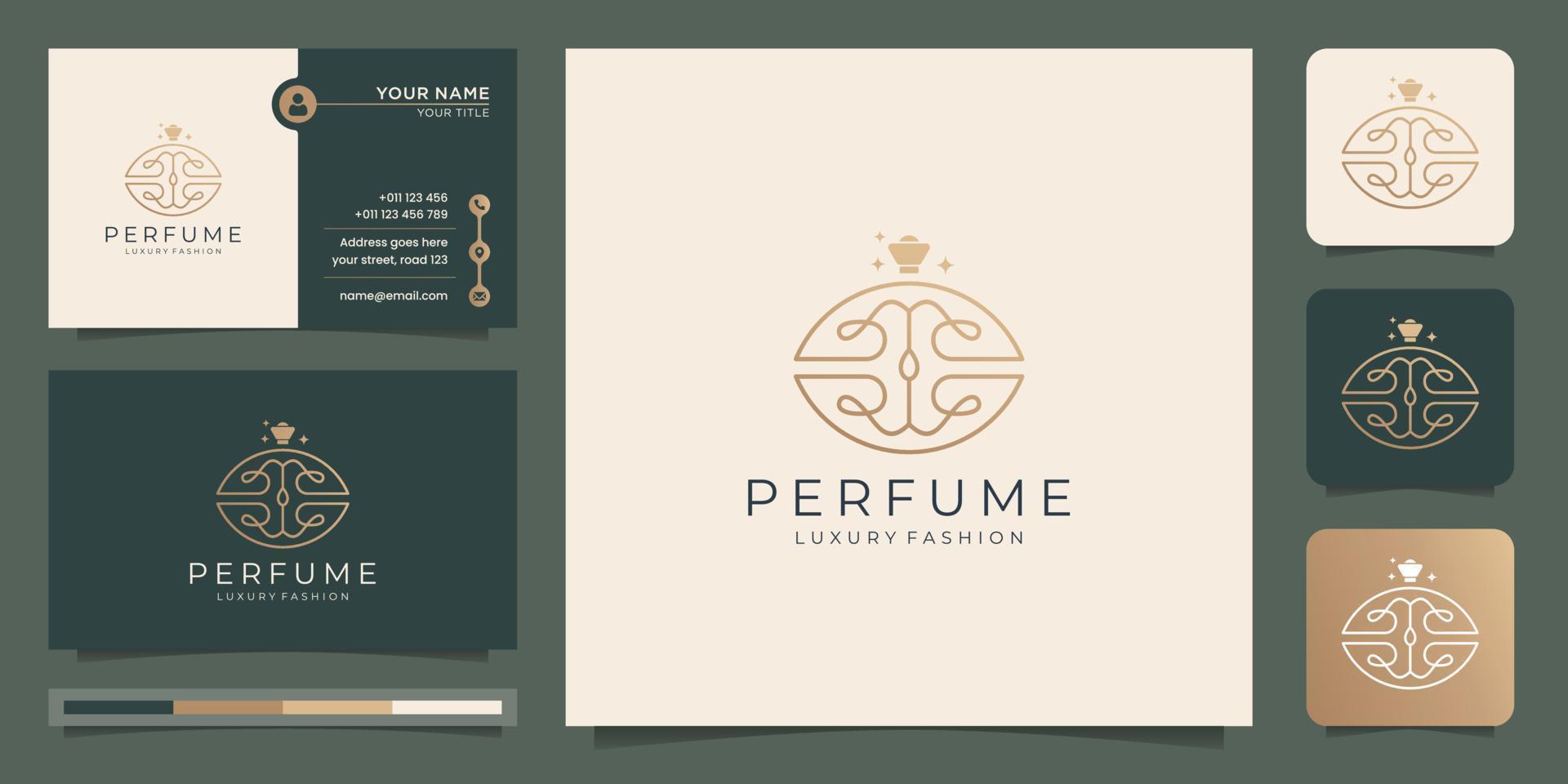 luxe ontwerp voor parfum logo sjabloon. lineair concept stijl met goud kleur en bedrijf kaart. vector