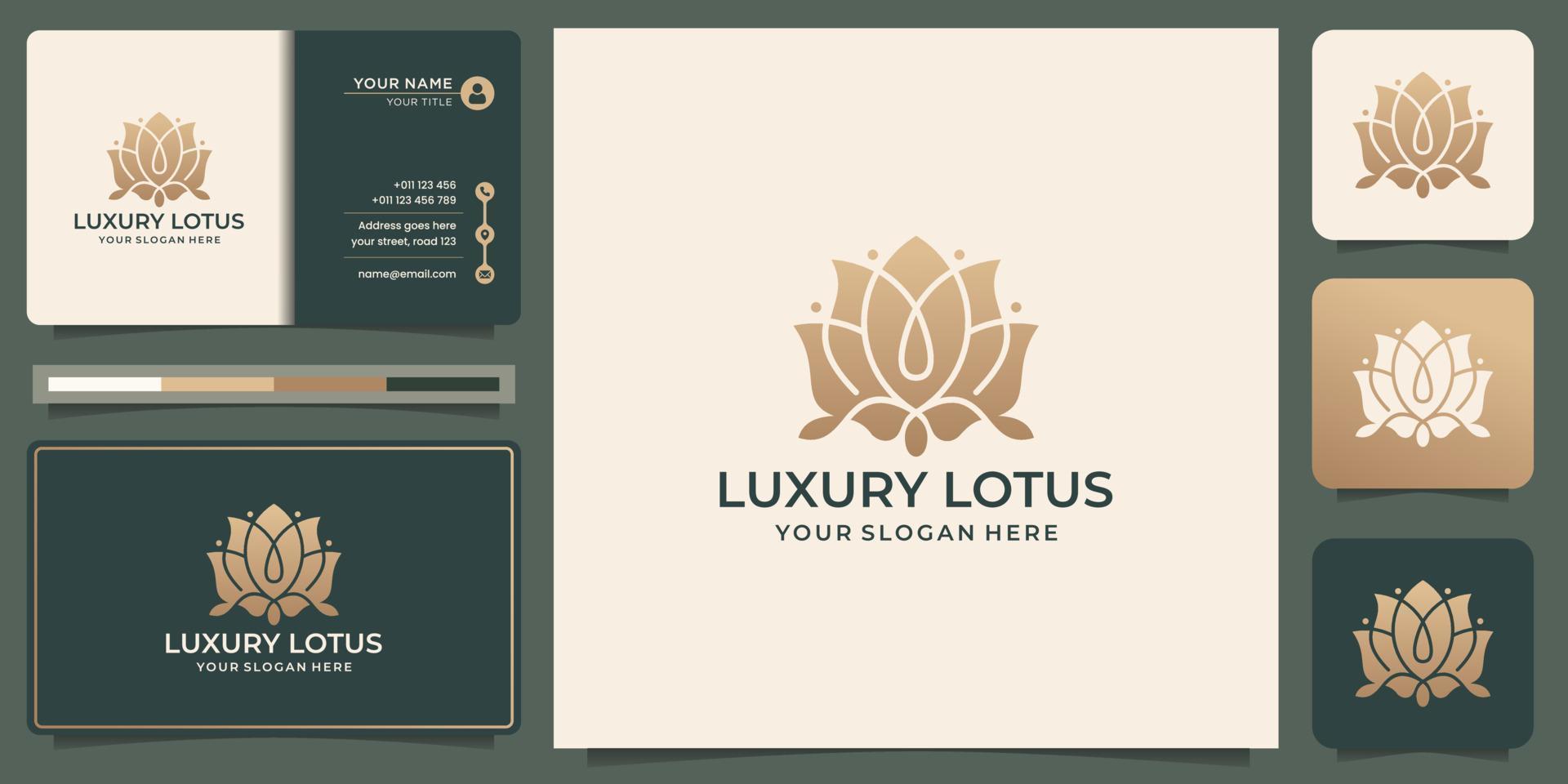 luxe lotus roos logo ontwerp. elegant bloem lotus concept goud kleur met bedrijf kaart sjabloon. vector