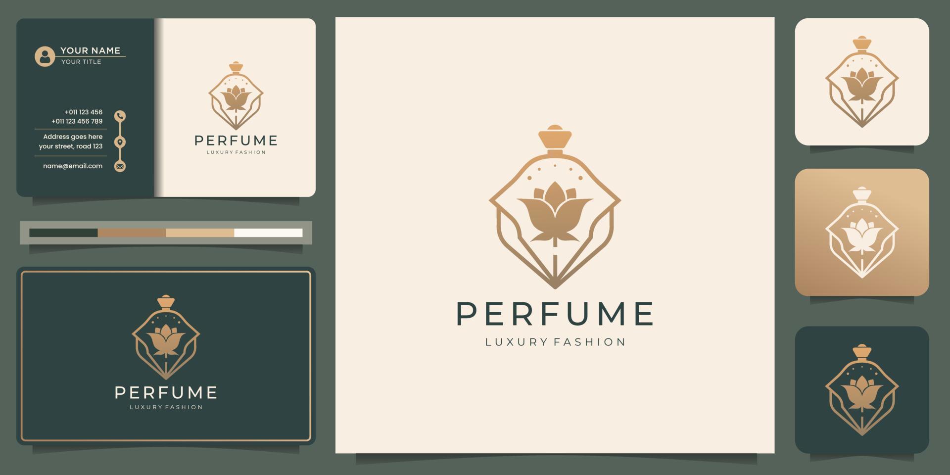 luxe parfum fles logo en bedrijf kaart ontwerp. flessen parfum verstuiven logo met schoonheid bloem. vector