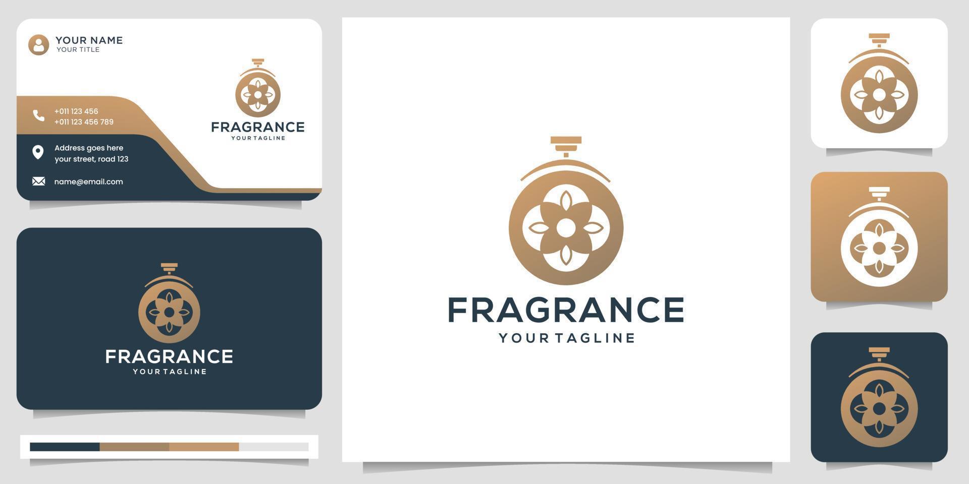 luxe elegant parfum logo sjabloon, abstract parfum fles met bladeren, gouden kleur ontwerp. vector