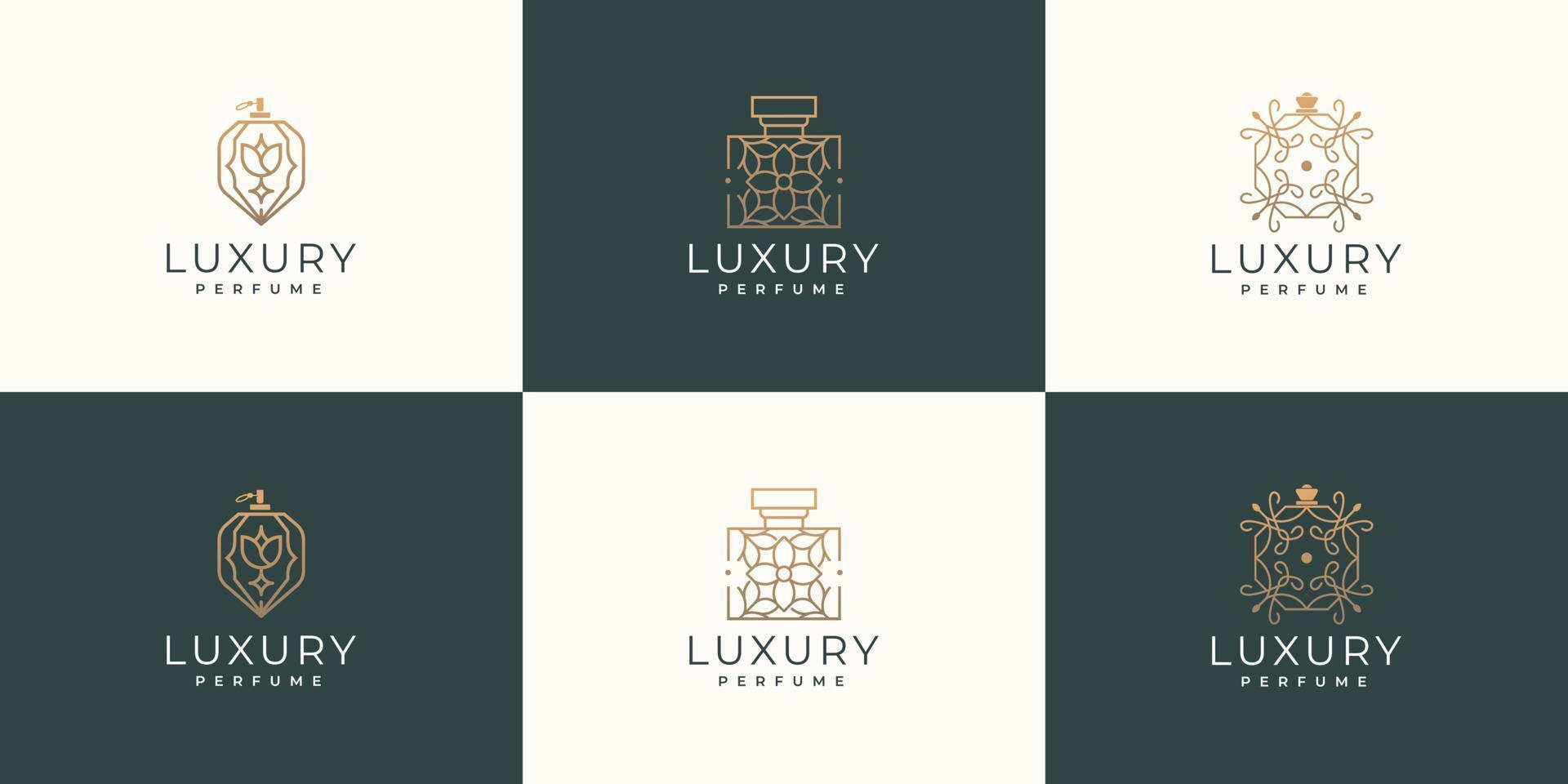 reeks van luxe flessen parfum logo ontwerp.inspiratie met gouden kleur, mode, huidverzorging, collectie. vector