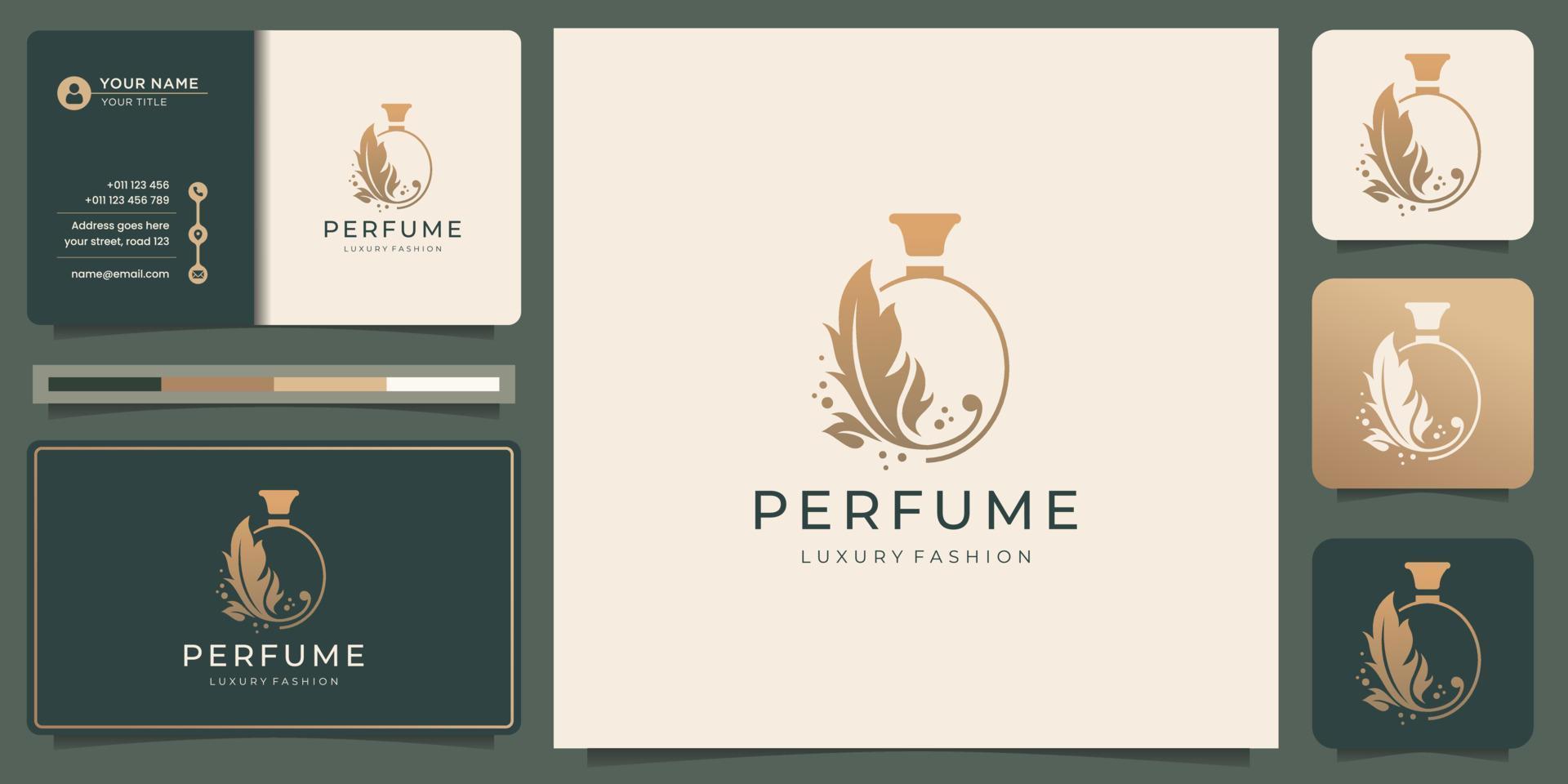 luxe parfum fles logo en bedrijf kaart ontwerp. flessen parfum verstuiven logo met schoonheid bloem. vector