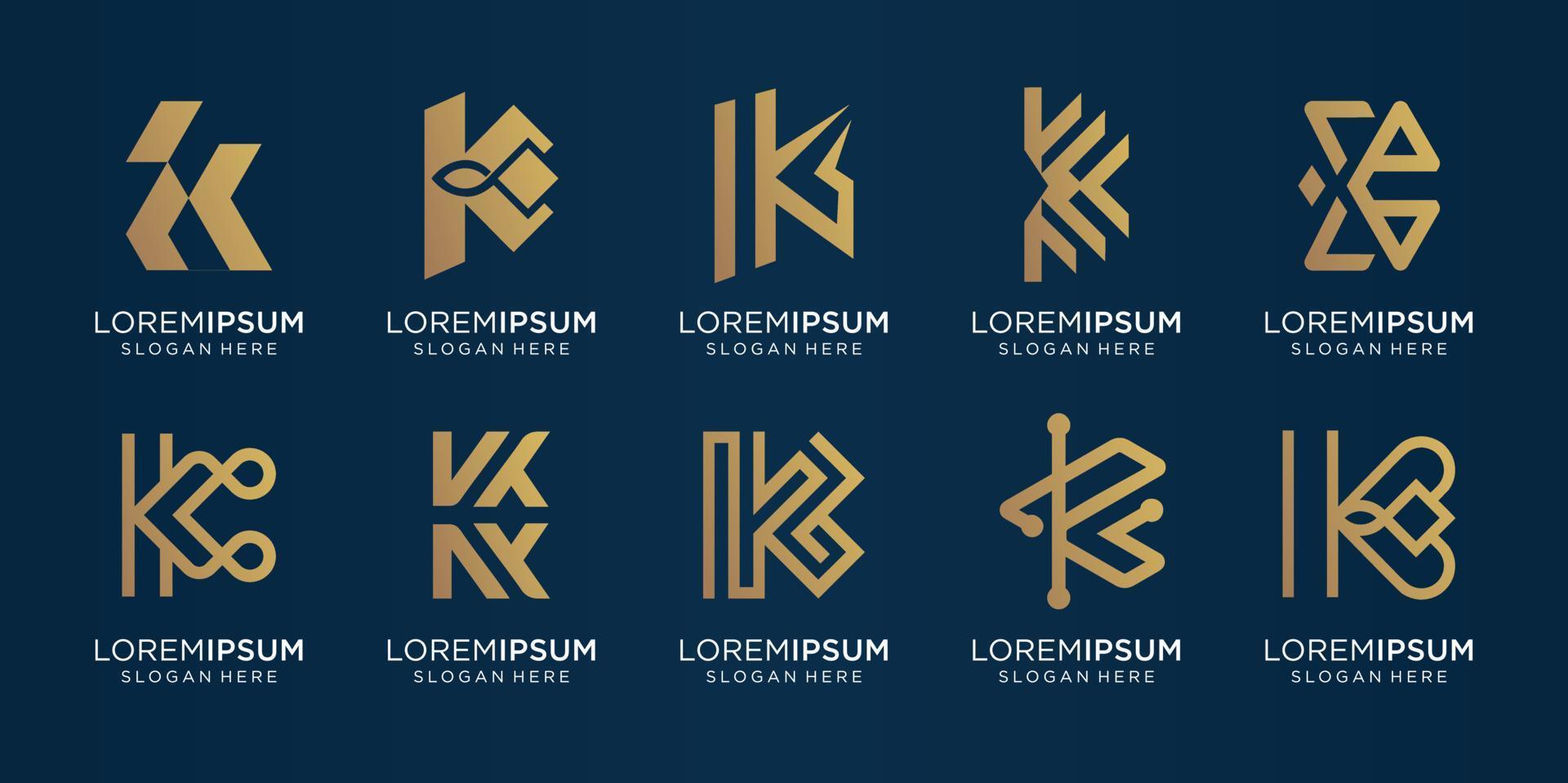 reeks van creatief monogram brief k goud. logo sjabloon.pictogrammen voor zakelijk, luxe, technologie, inspiratie, illustratie. premie vector