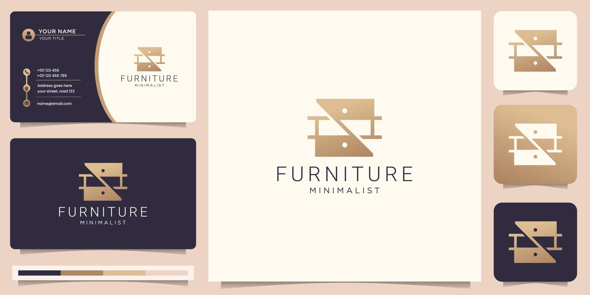 meubilair en interieur ontwerp logo sjabloon. creatief meubilair goud kleur en bedrijf kaart. vector