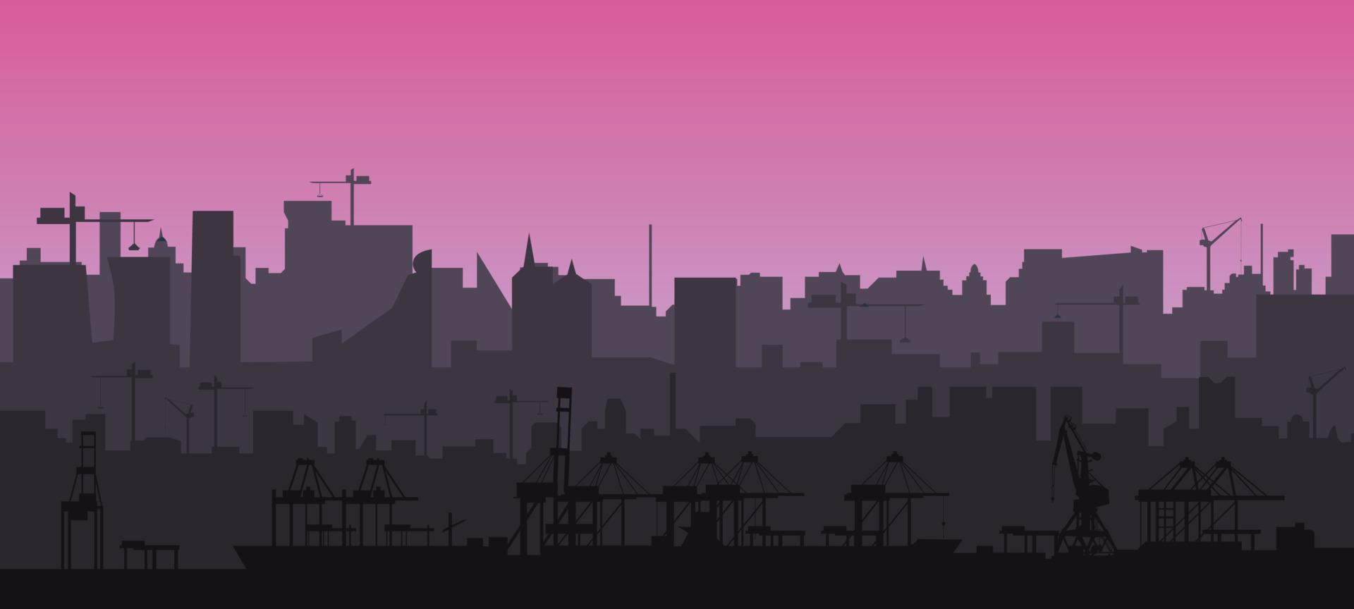 stad horizon silhouet in een vlak stijl Bij roze zonsondergang. modern stadsgezicht en lading haven met kranen. lagen voor parallax. vector eps10.