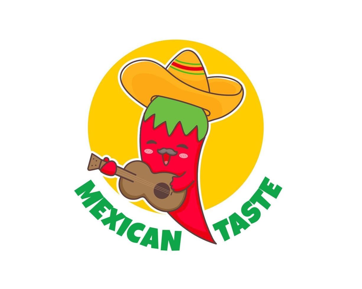 rood Chili peper met geel sombrero Toneelstukken gitaar grappig tekenfilm karakter. vector