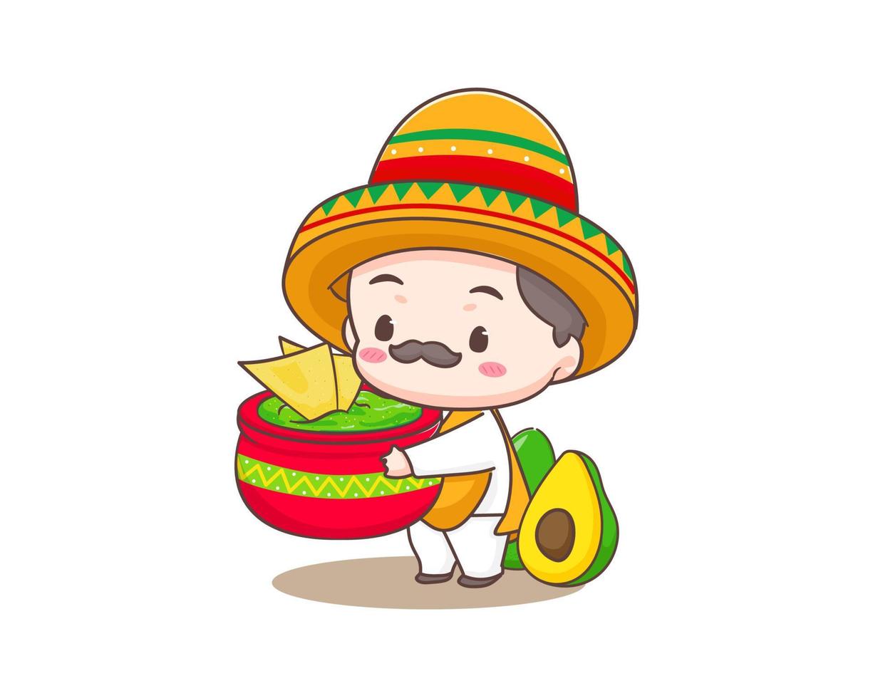 schattig Mexicaans chef met sombrero hoed Holding nacho's en guacamole avocado saus tekenfilm karakter. guacamole icoon logo illustratie. Mexicaans traditioneel straat voedsel. vector