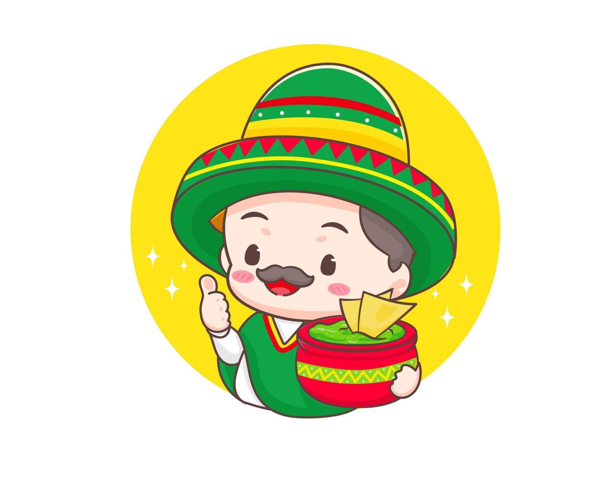 schattig Mexicaans chef met sombrero hoed Holding nacho's en guacamole avocado saus tekenfilm karakter. guacamole icoon logo illustratie. Mexicaans traditioneel straat voedsel. chef tonen duim omhoog. vector