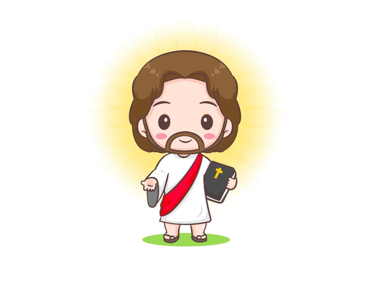 schattig Jezus Christus tekenfilm karakter Holding Bijbel. hand- getrokken chibi karakter, klem kunst, sticker, geïsoleerd wit achtergrond. christen Bijbel voor kinderen. mascotte logo icoon vector kunst illustratie