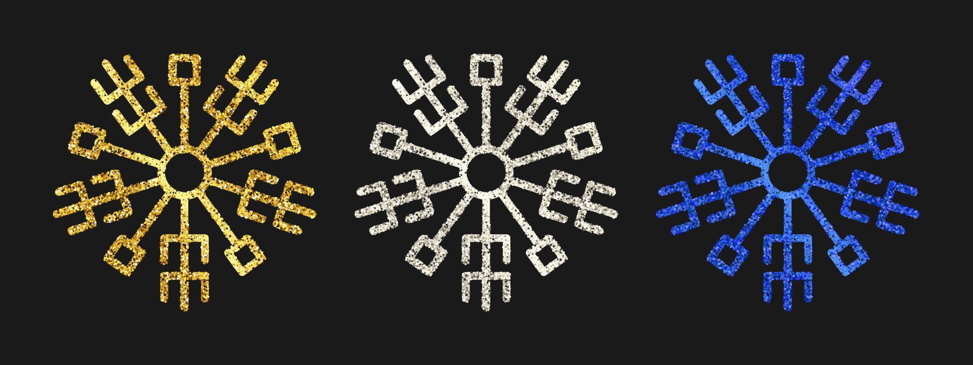 schitteren sneeuwvlokken Aan donker achtergrond. reeks van drie goud, zilver en blauw schitteren sneeuwvlokken. Kerstmis en nieuw jaar decoratie elementen. vector illustratie.