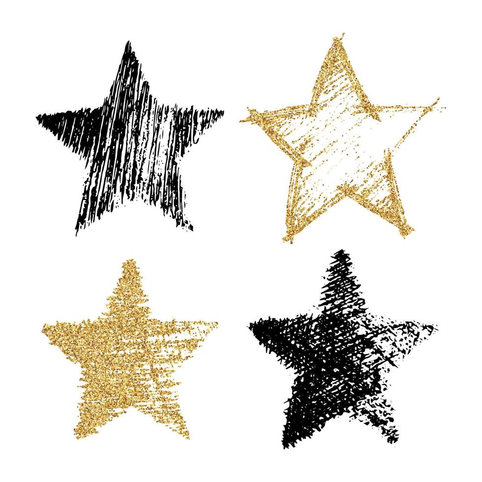 reeks van vier hand- getrokken ster zwart en met goud schitteren effect. ruw ster vorm in tekening stijl met goud schitteren effect Aan wit achtergrond. vector illustratie