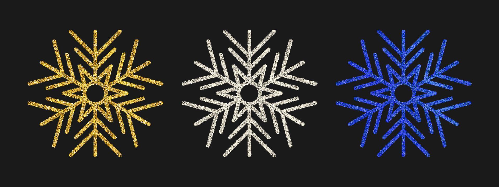 schitteren sneeuwvlokken Aan donker achtergrond. reeks van drie goud, zilver en blauw schitteren sneeuwvlokken. Kerstmis en nieuw jaar decoratie elementen. vector illustratie.
