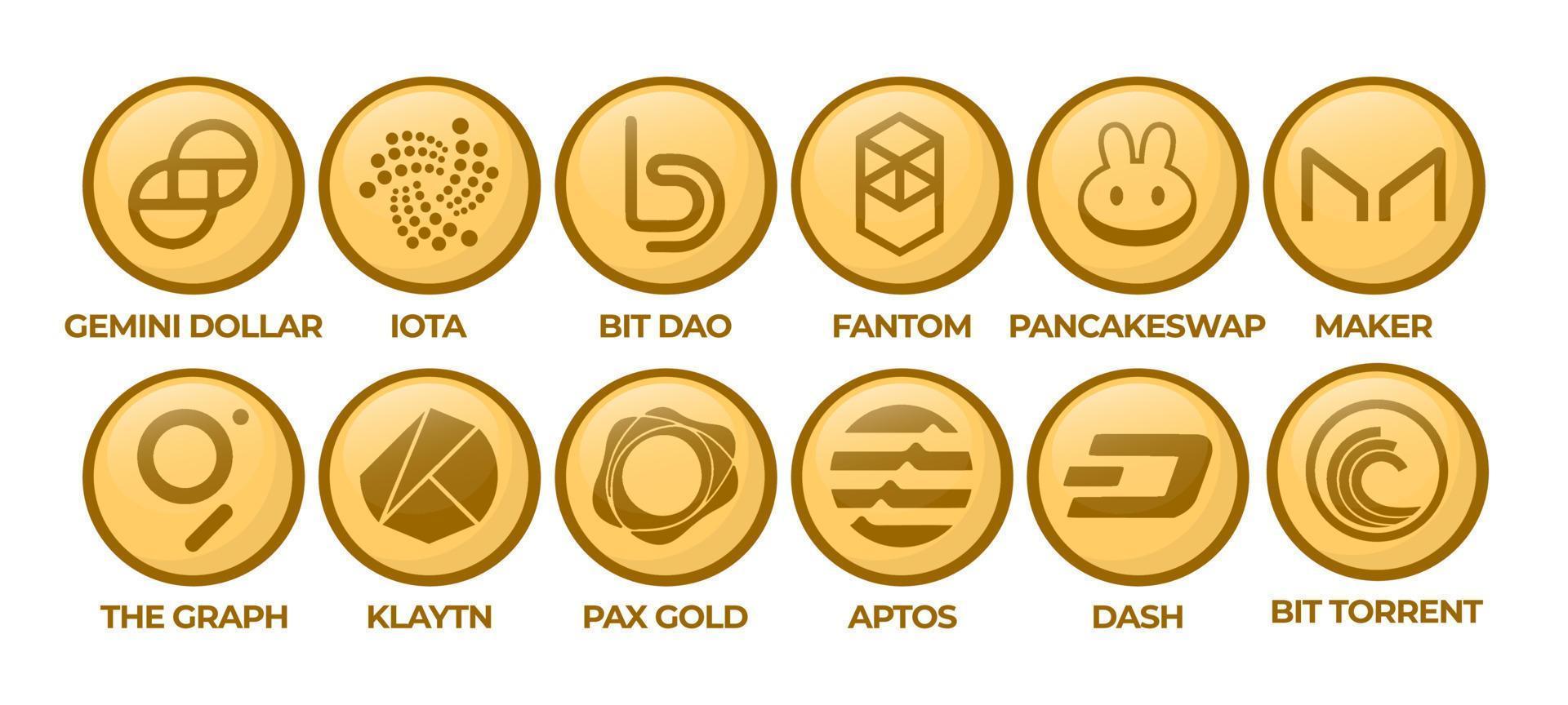 reeks van cryptogeld logo munten Tweelingen dollar, jota, bitdao, fantoom, pannenkoekenruil, maker, de grafiek, klaytn, pax goud, aptos, streepje, bittorrent vector