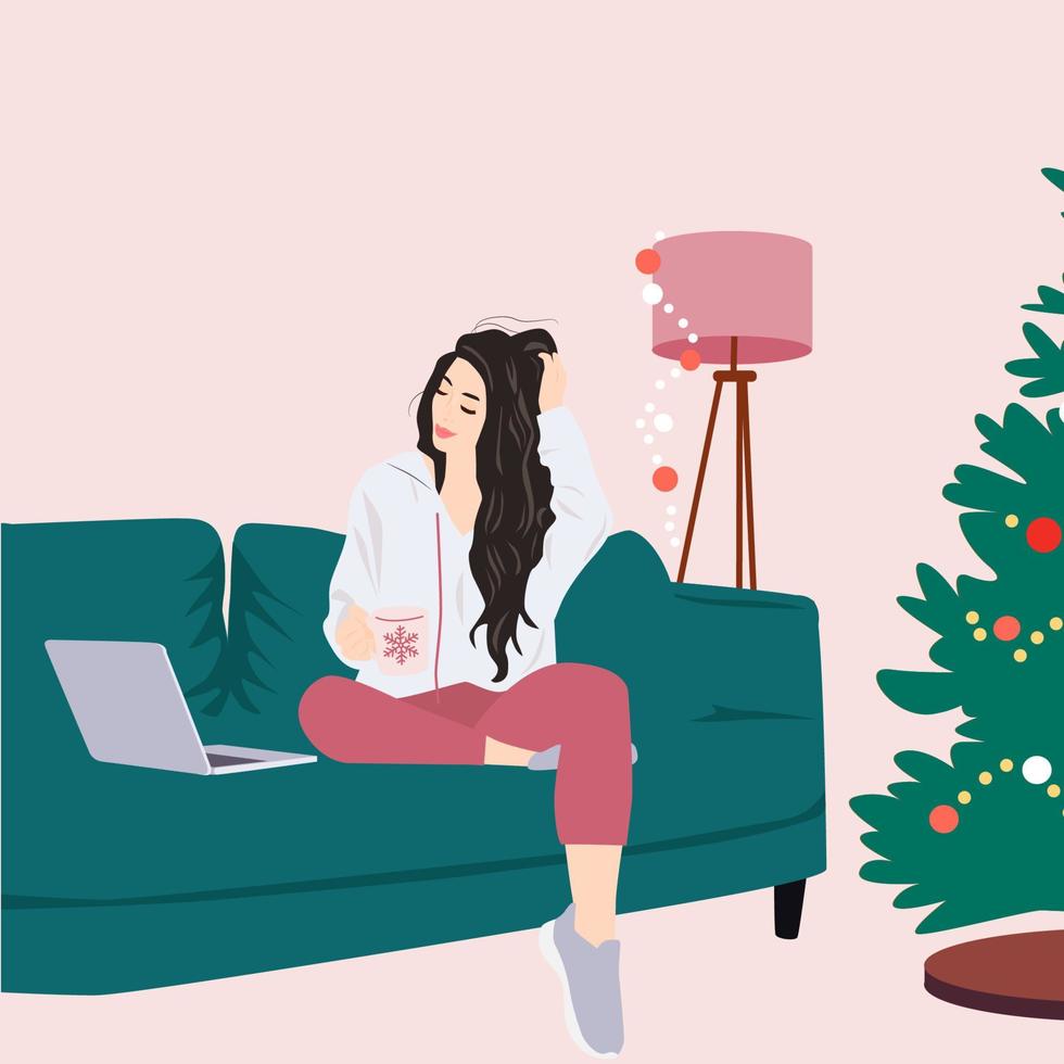 freelancer met laptop Aan bank. meisje aan het kijken Kerstmis series. feestelijk Kerstmis groet kaart ontwerp. vector