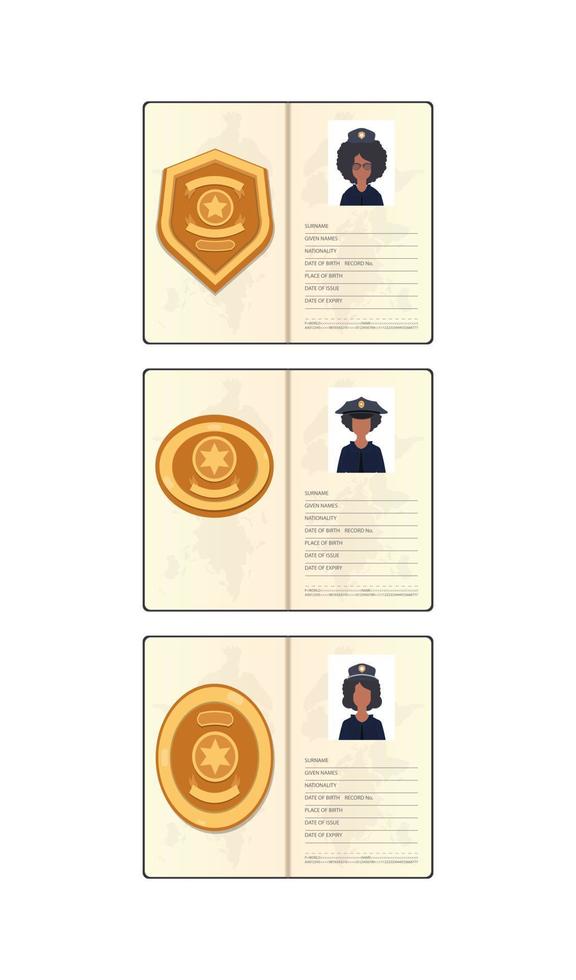 reeks van vrouw ID kaart Politie documenten vector vlak icoon geïsoleerd.