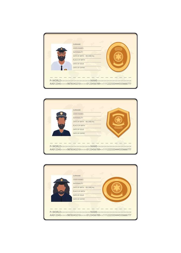 reeks Politie ID kaart documenten vector icoon vlak geïsoleerd.