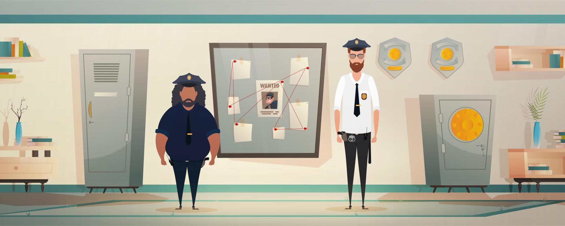 politieagenten of militieleden in Politie station of afdeling, onderzoek kantoor kamer interieur, tekenfilm illustratie. vector