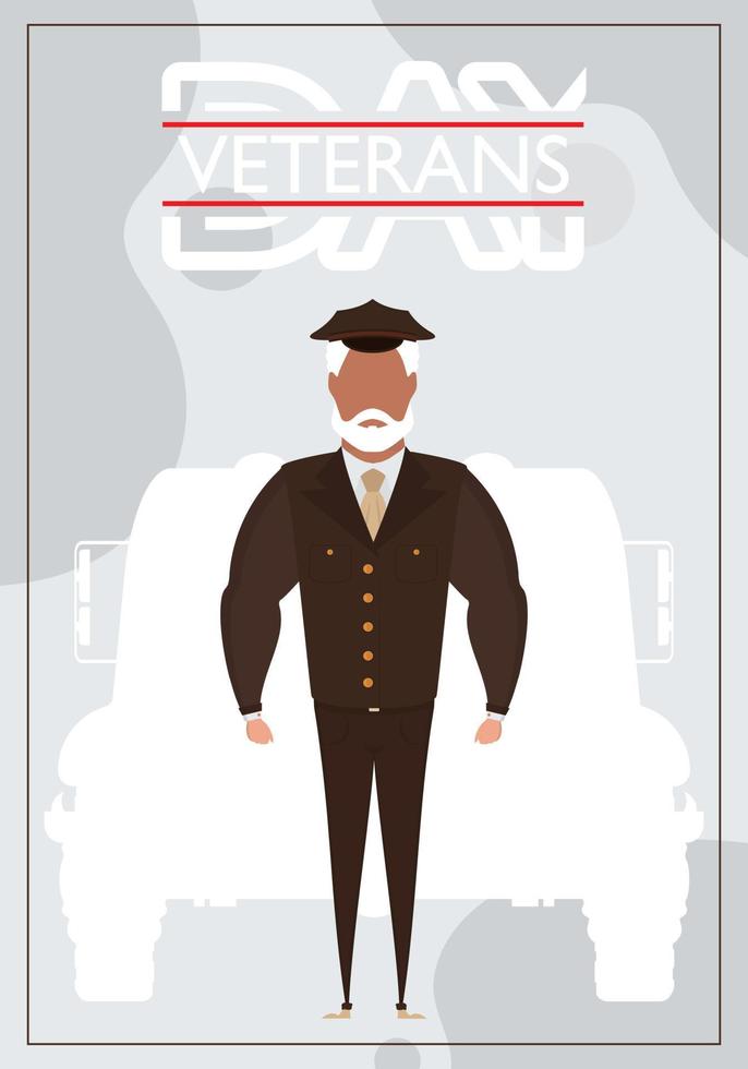 veteranen dag ansichtkaart. veteraan in bruin leger uniform. tekenfilm stijl vector