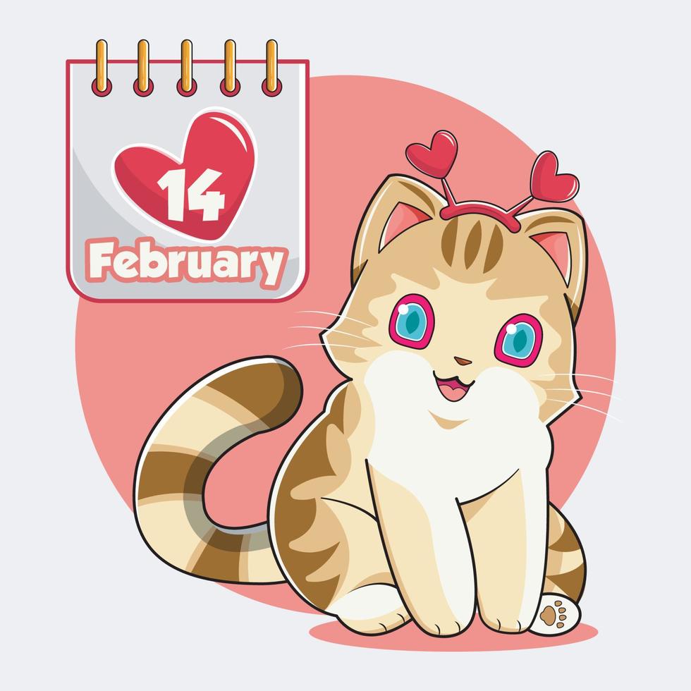Valentijn dag. schattig kat met liefde kalender vector illustratie vrij downloaden