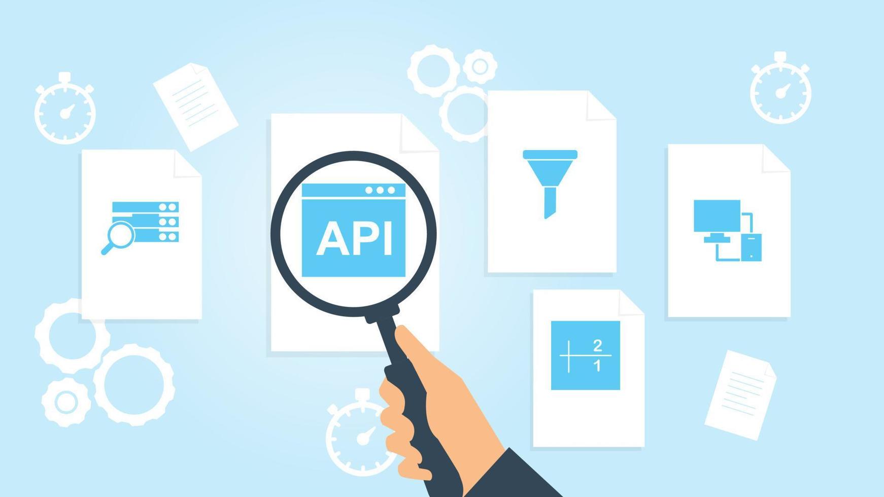 databank, server, snel reagerend het dossier, document Onderzoek vector illustratie. document met zoeken pictogrammen. het dossier en vergroten glas. analytics Onderzoek teken. vector illustratie Aan wit achtergrond