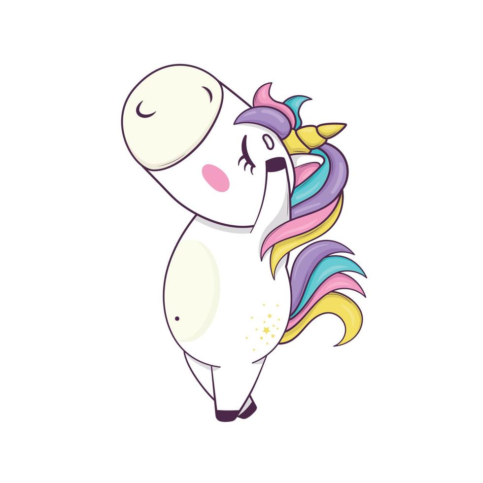 schattig kawaii eenhoorn met regenboog manen en toeter in anime stijl is dansen vector