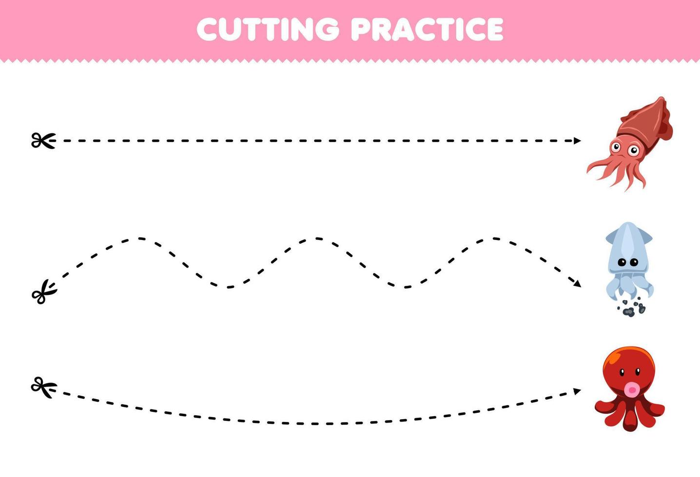 onderwijs spel voor kinderen snijdend praktijk met schattig tekenfilm inktvis inktvis Octopus afbeelding afdrukbare onderwater- werkblad vector