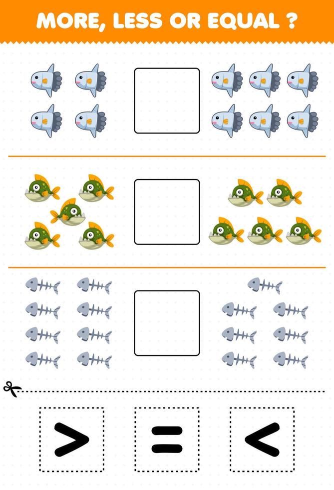 onderwijs spel voor kinderen tellen meer minder of Gelijk van tekenfilm maanvis piranha vis bot vervolgens besnoeiing en lijm de correct teken onderwater- werkblad vector