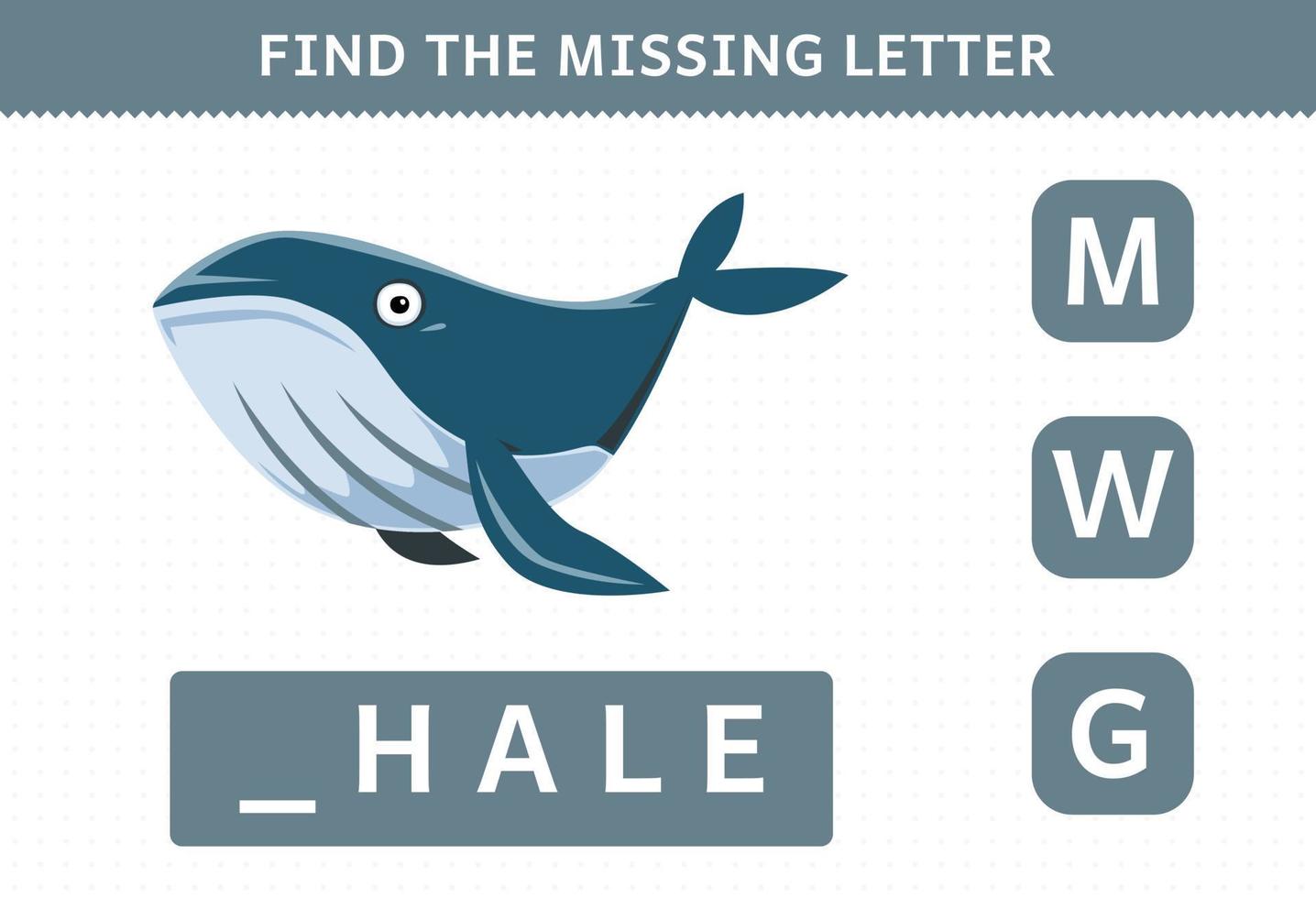 onderwijs spel voor kinderen vind de missend brief van schattig tekenfilm walvis afdrukbare onderwater- werkblad vector