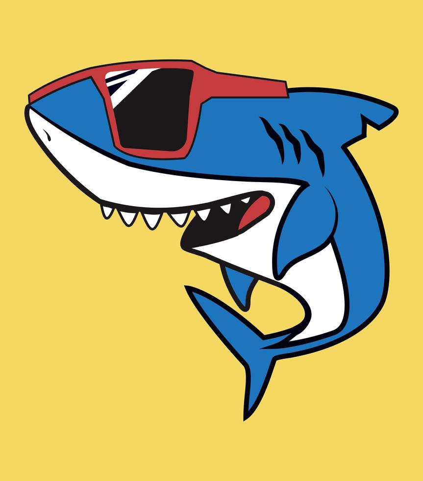 schattig haai stripfiguur met rode bril vector